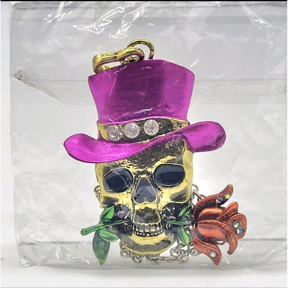 Skull Top Hat Rose Rhinestone Pendant Necklace Gothic Biker Fuchsia Orange 26in